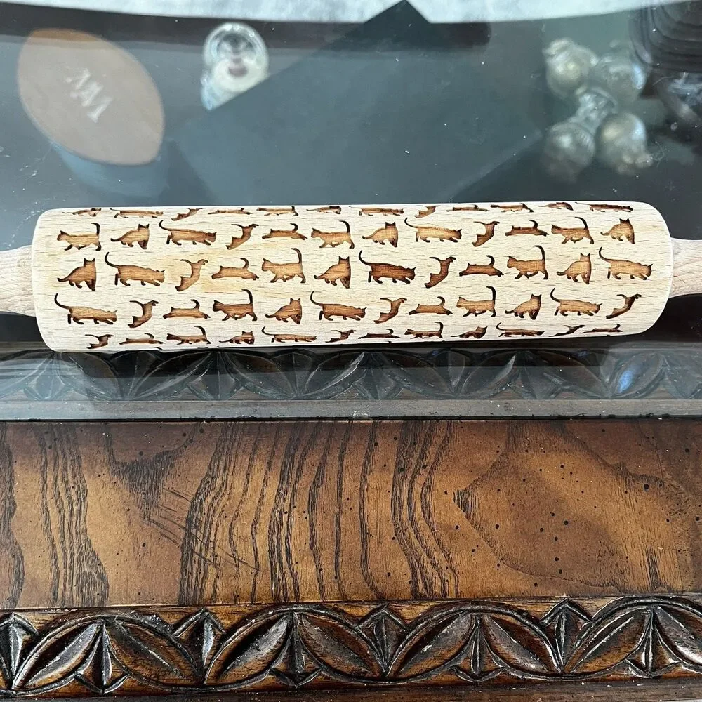 Embossing Cat Rolling Pin For Dough Cookie Fondant Granny Core Cottage Decor 8